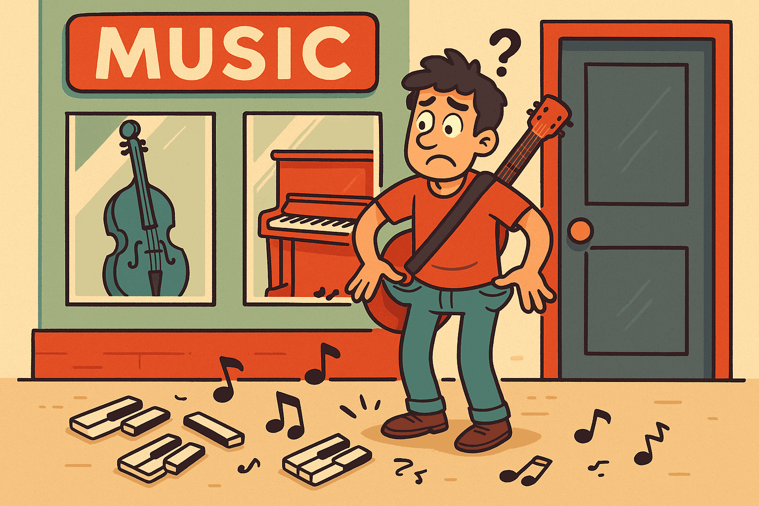 Cartoon illustration of a frustrated musician standing outside a door holding a guitar, with piano keys scattered on the ground and musical notes floating around
