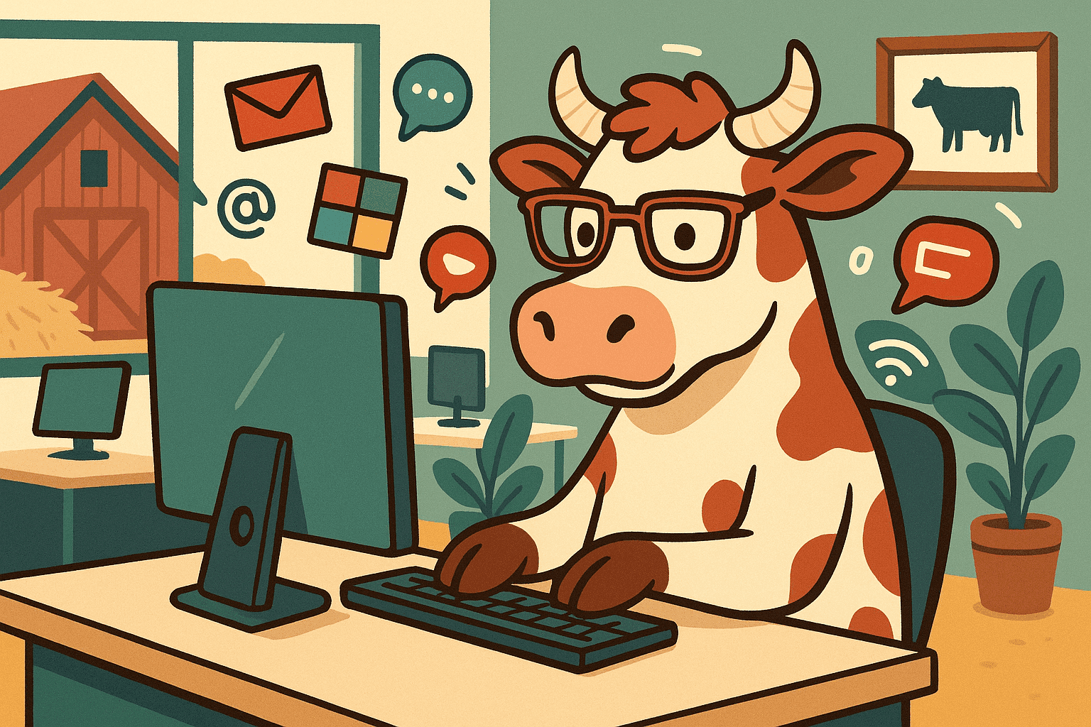 Cartoon illustration of a tech-savvy cow wearing glasses and typing on a computer keyboard, with email icons and Microsoft logos floating around in a modern office barn setting