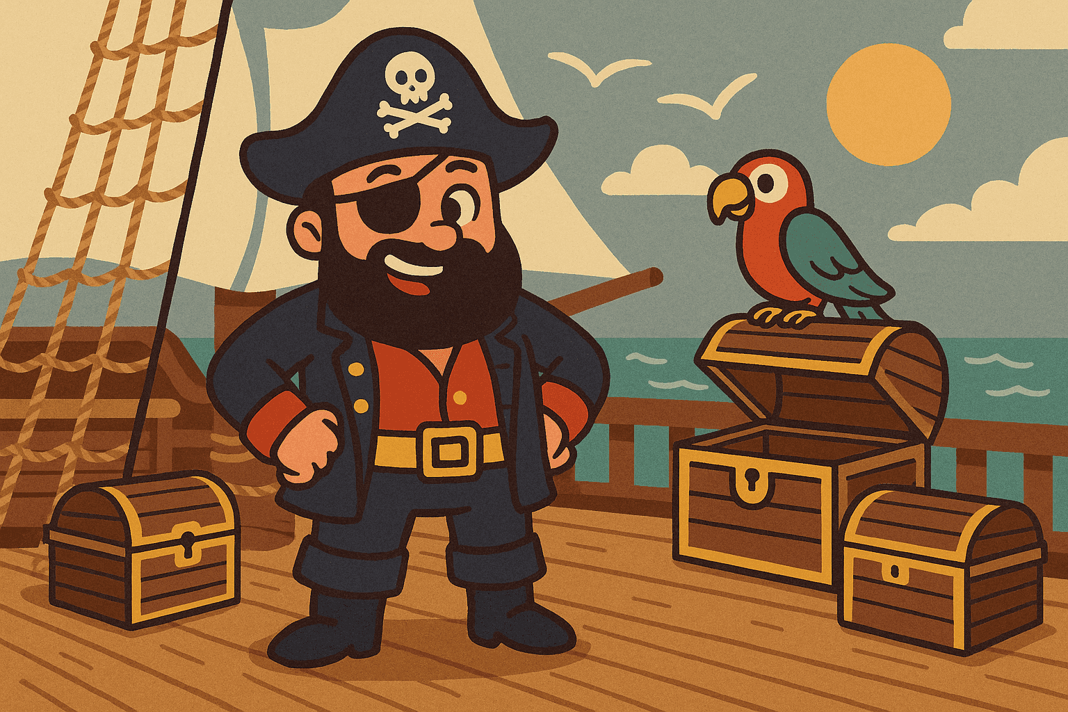 Cartoon illustration of a friendly pirate with an eye patch and tricorn hat, standing on a ship deck with a treasure chest nearby