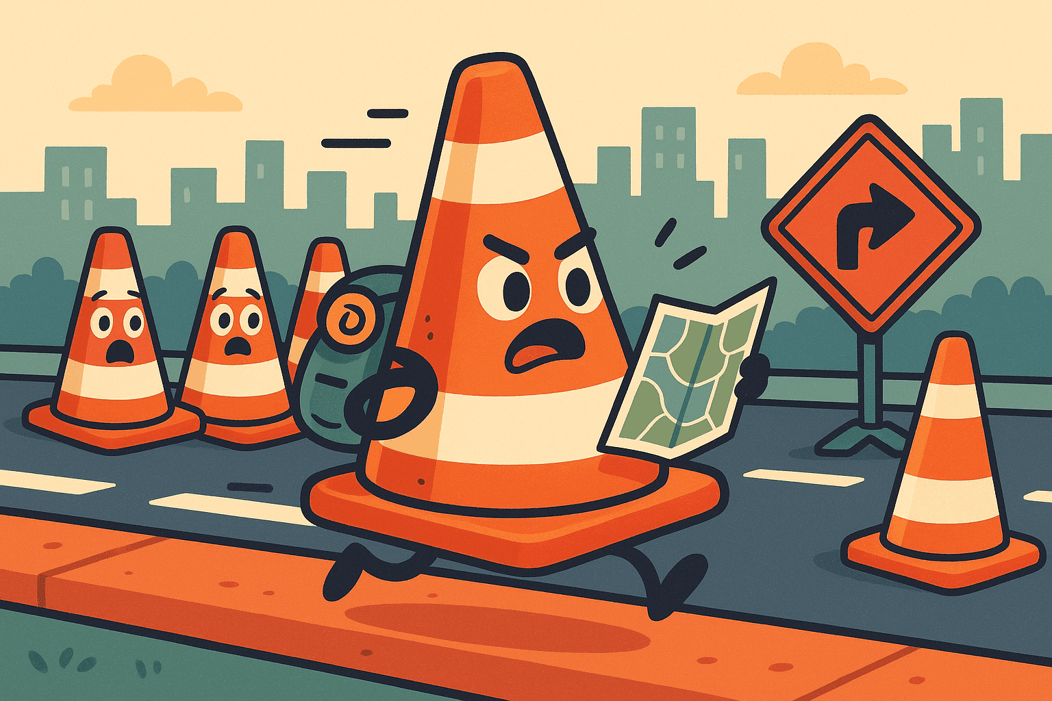 Cartoon illustration of a mischievous orange traffic cone with a determined expression and tiny legs, running away from its designated spot with a travel backpack and map in hand