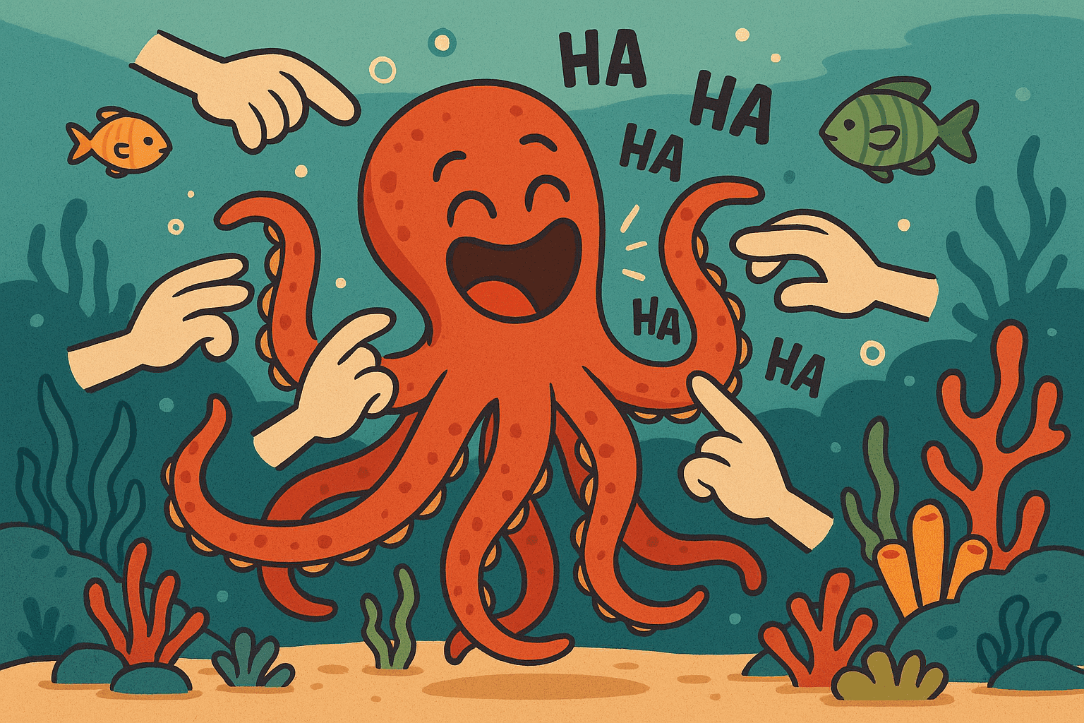 Cartoon illustration of a cheerful octopus with all eight tentacles wiggling as it laughs hysterically, surrounded by tickling hands and bubbles in an underwater coral reef setting