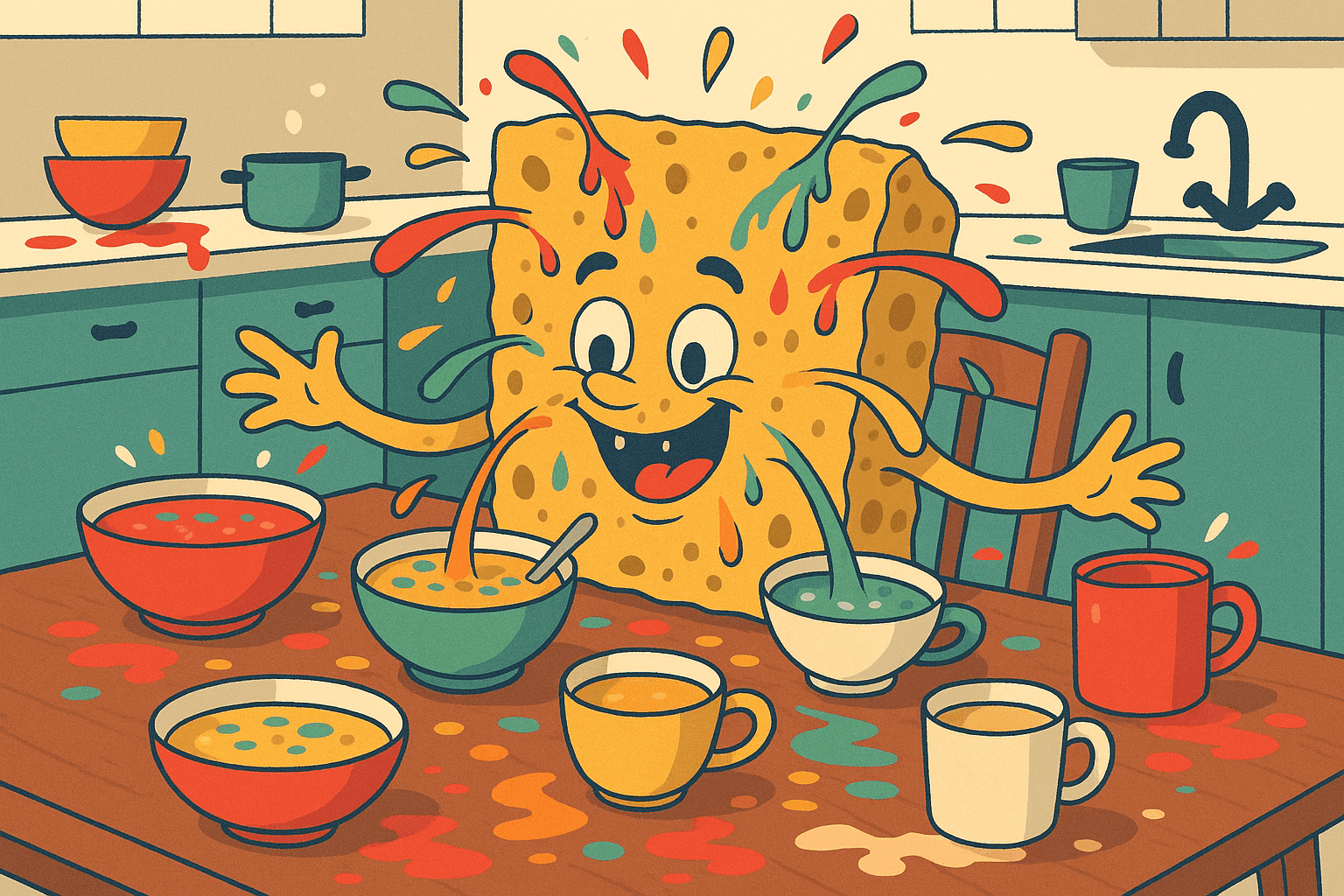 A humorous cartoon illustration of a cheerful sponge character with arms, legs, and a big smile sitting at a dining table, continuously absorbing and soaking up various liquids and foods around it