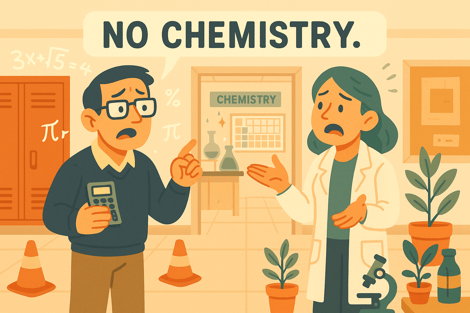 Cartoon illustration of a math teacher with calculators and equations looking sadly at a biology teacher surrounded by plants and lab equipment, with an empty chemistry lab between them