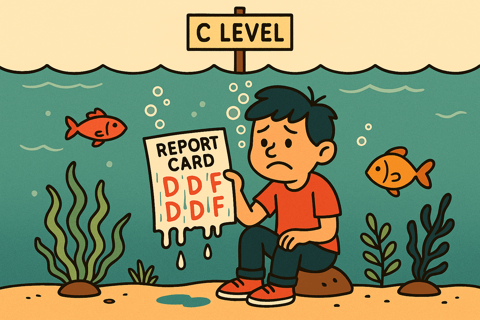 A cartoon student holding a dripping wet report card with poor grades, while sitting underwater below a 'C LEVEL' sign, with fish swimming around and water effects showing the card is literally below sea level
