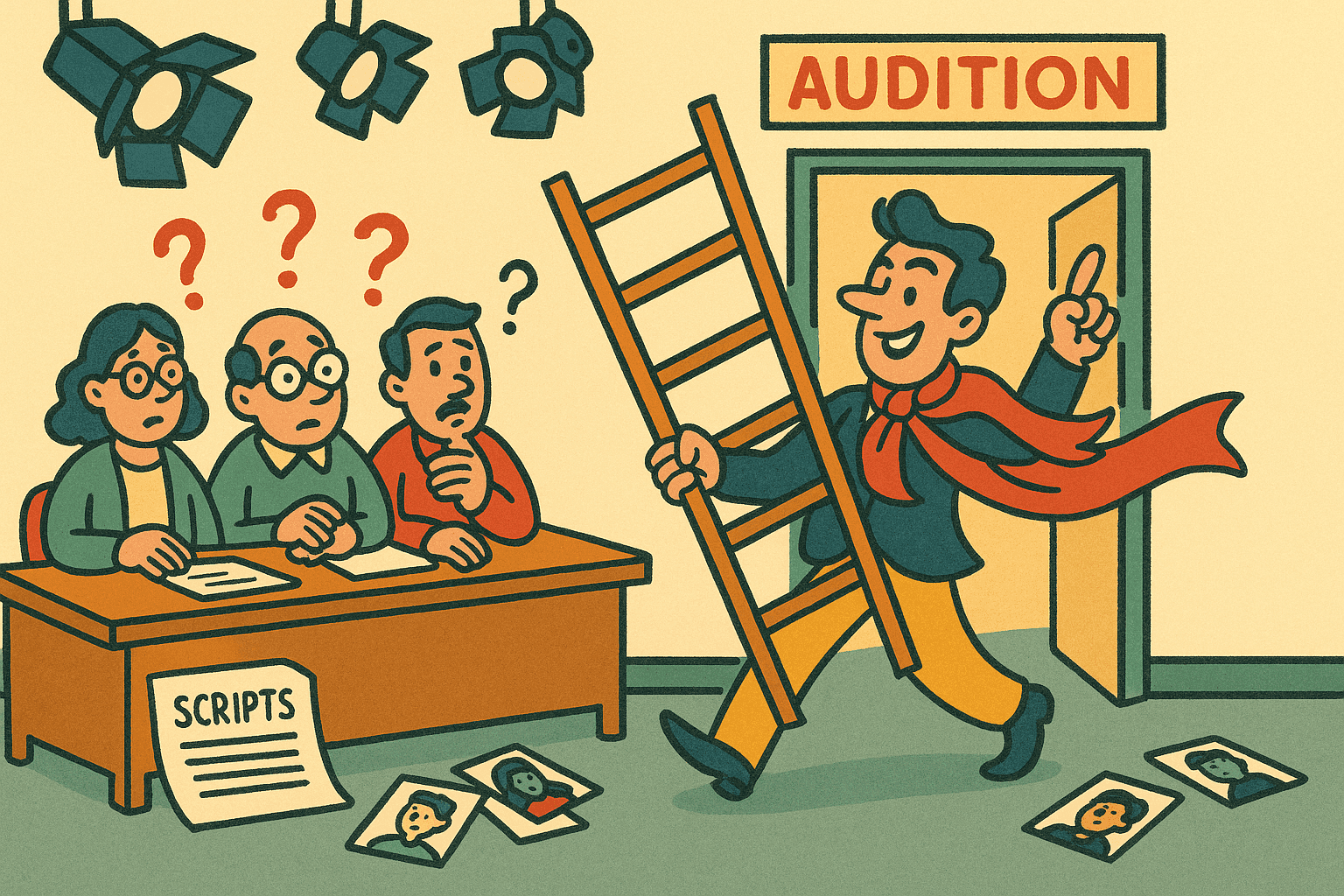 A cartoon actor in theatrical clothing carrying a tall ladder into an audition room, with directors looking confused while the actor points upward with determination, set in a theater audition space