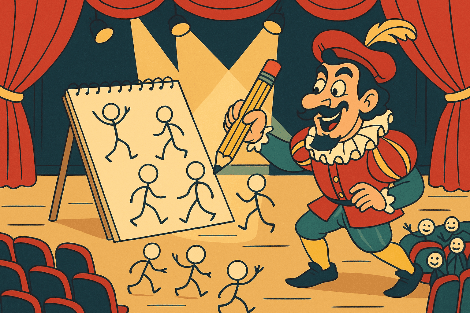 A humorous cartoon illustration of a theatrical actor on stage holding a giant pencil and literally drawing stick figure audience members who come to life, with curtains and stage lights around