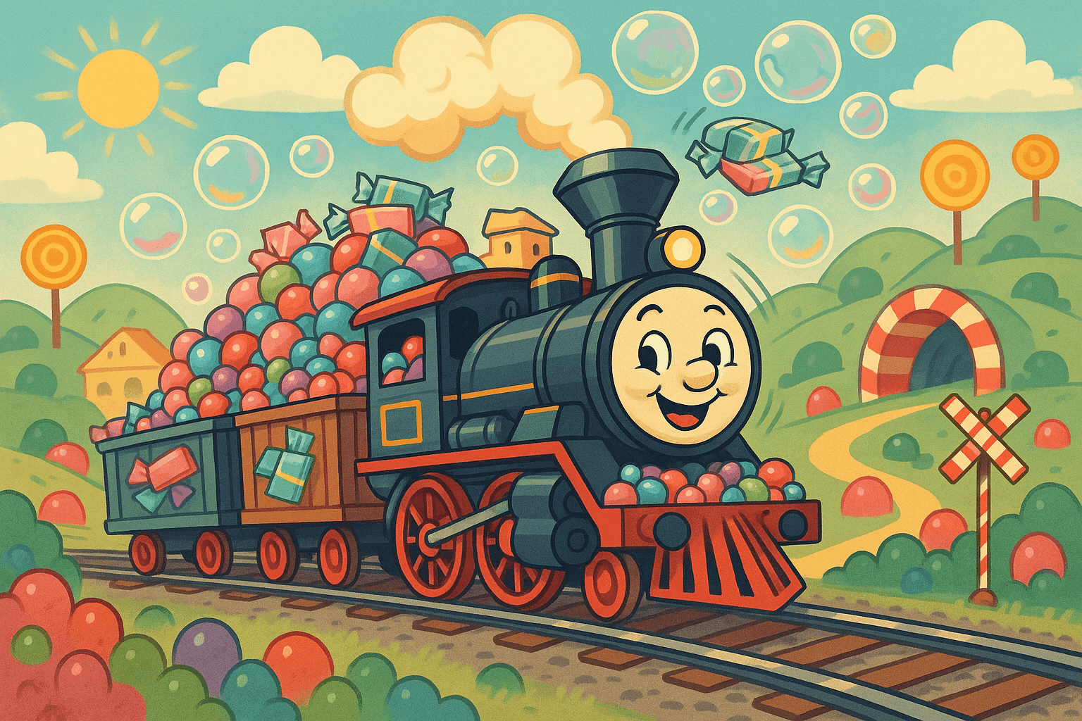 Cartoon illustration of a cheerful vintage steam locomotive with train cars filled to the brim with colorful bubblegum balls and packages, gum bubbles floating through the air, traveling through a candy-themed landscape with lollipop trees and gumdrop bushes along the railroad tracks in cream, dark blue-gray, sage green, yellow, and bright red colors