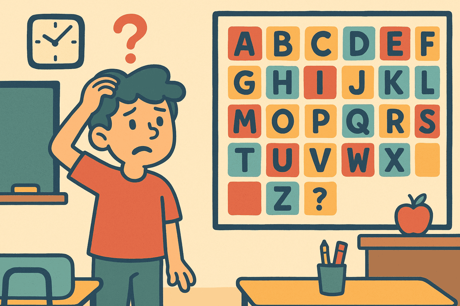 A humorous cartoon illustration of a confused person looking at an alphabet chart with 25 letters displayed, scratching their head while staring at a question mark where the letter Y should be
