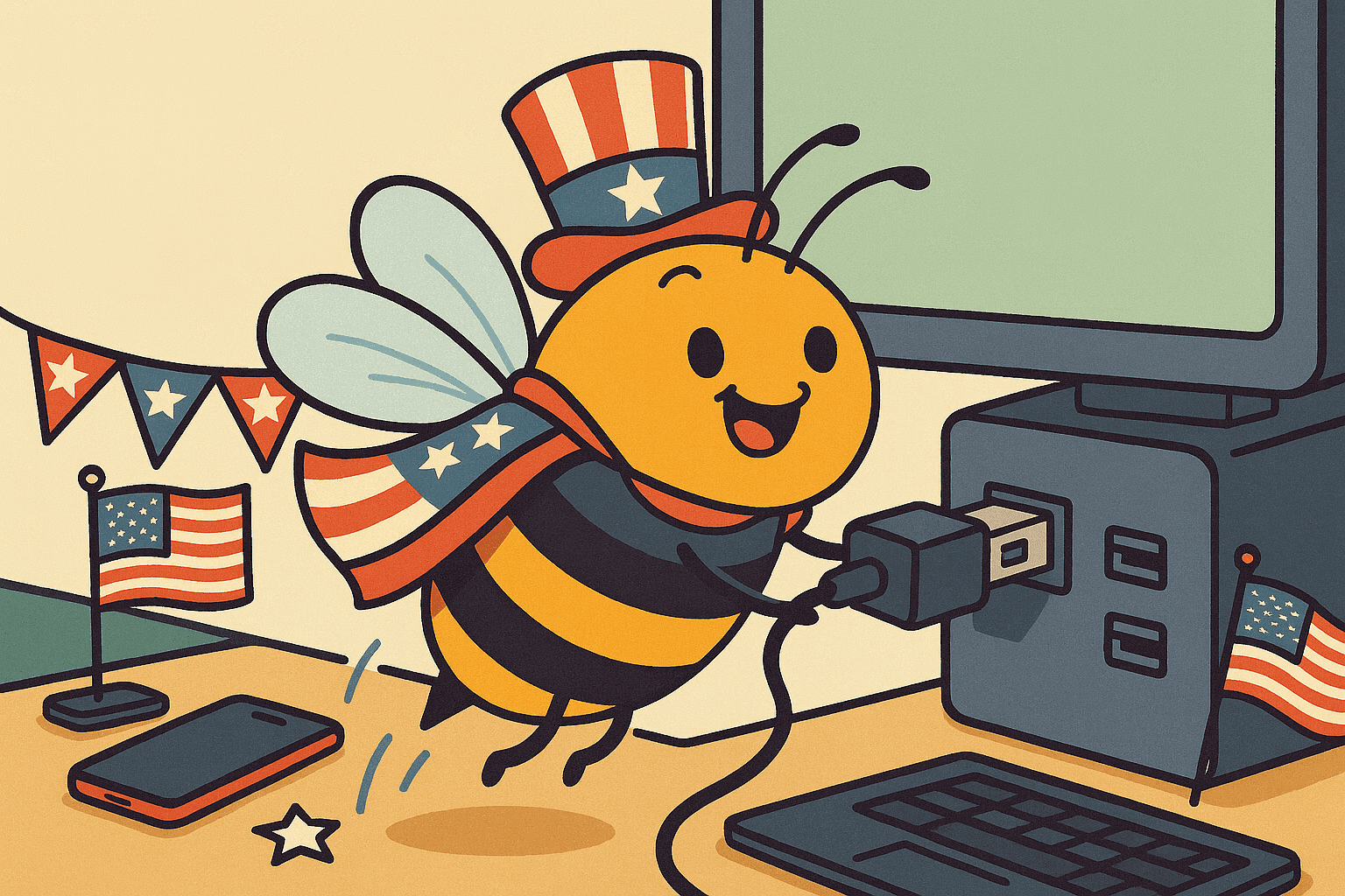 A cartoon bee wearing a tiny American flag cape and hat, hovering next to a computer with a USB port, while the bee's body resembles a USB connector shape in a tech-themed American setting