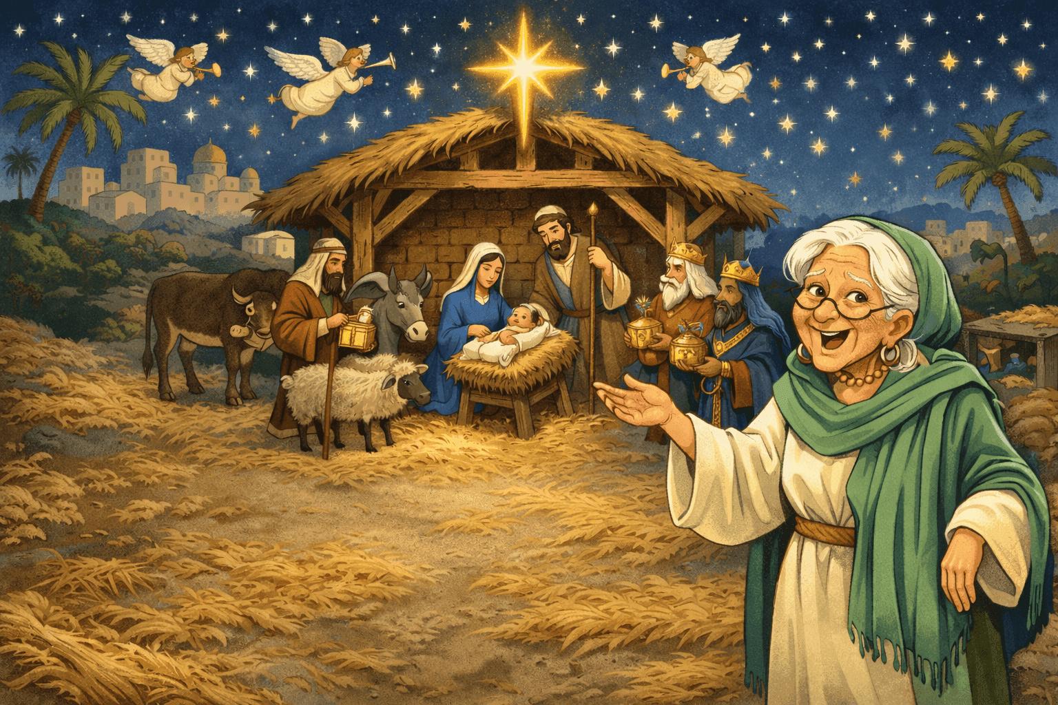 A cartoon elderly woman in ancient biblical times at the first Christmas nativity scene