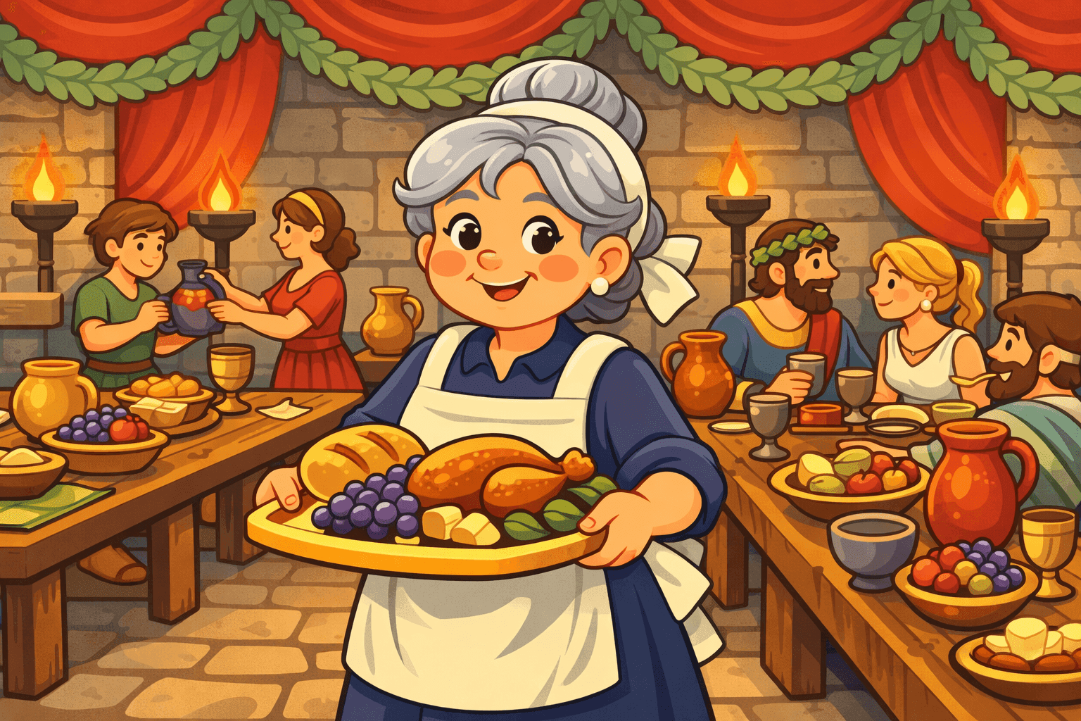 A cartoon elderly waitress serving at an ancient historical banquet