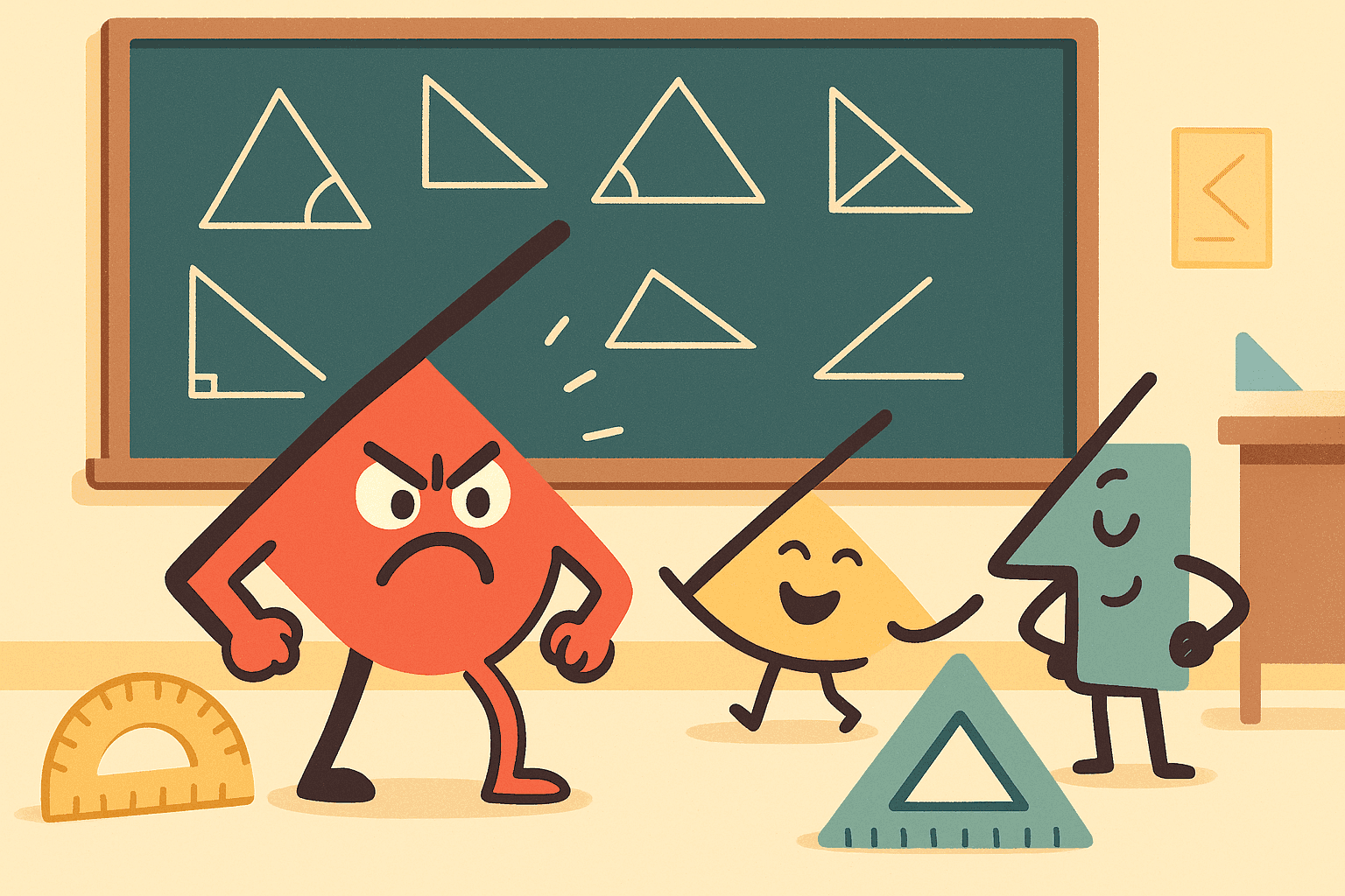 A humorous cartoon illustration of a frustrated geometric angle with arms, legs, and an angry facial expression standing next to a chalkboard with various triangles and angles drawn on it, looking dejected while other angles appear happy and confident