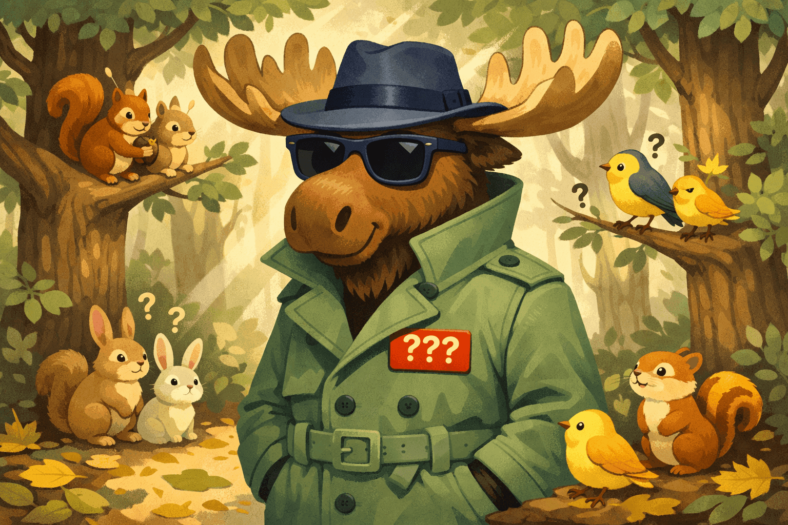 A cartoon moose wearing a disguise with a question mark name tag