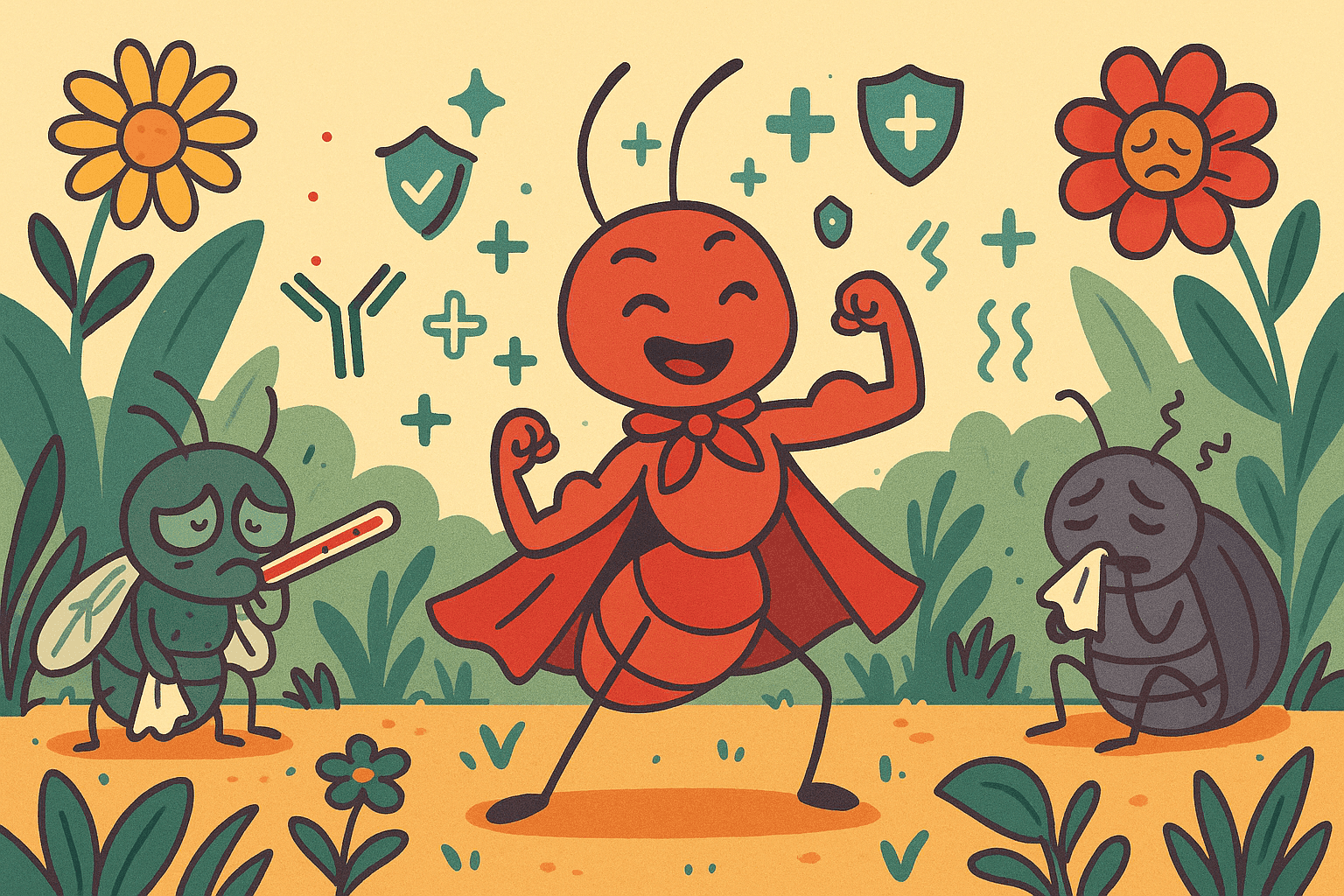 A cartoon ant wearing a tiny superhero cape flexing its muscles proudly while surrounded by microscopic antibody symbols, with other insects looking sick in the background but the ant remaining perfectly healthy