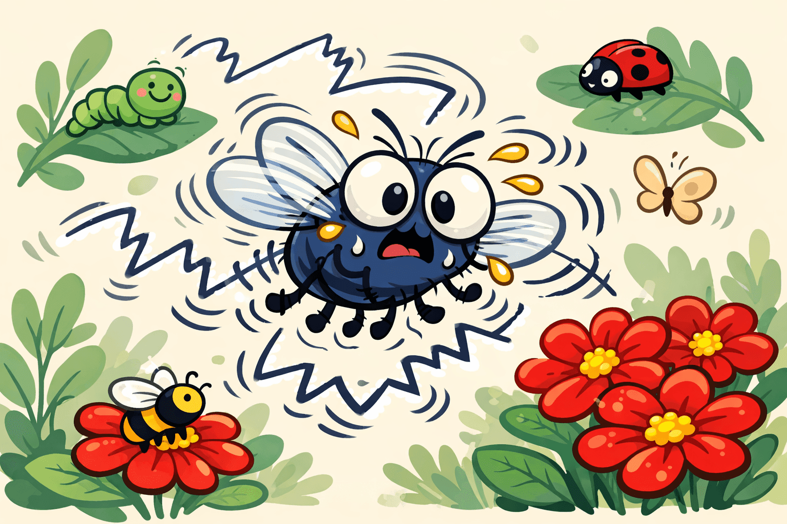 A cartoon fly buzzing around nervously with shaky motion lines