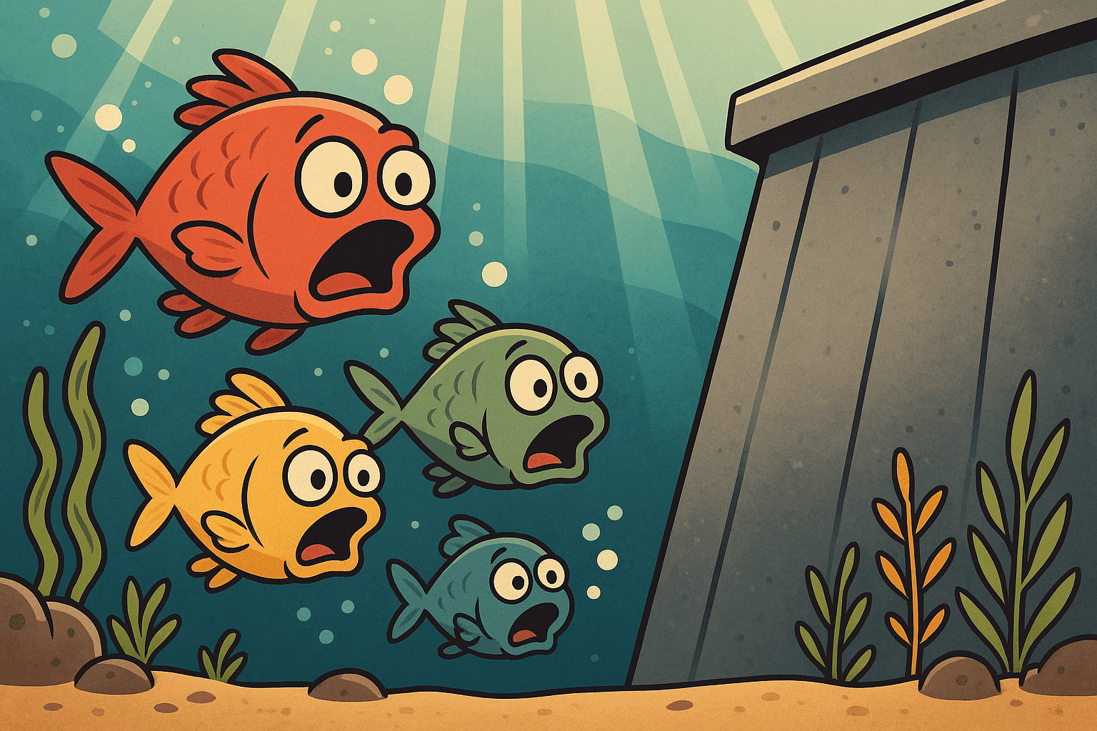 A humorous cartoon illustration of surprised fish with shocked expressions swimming toward a large concrete wall underwater, with bubbles and aquatic plants in the background