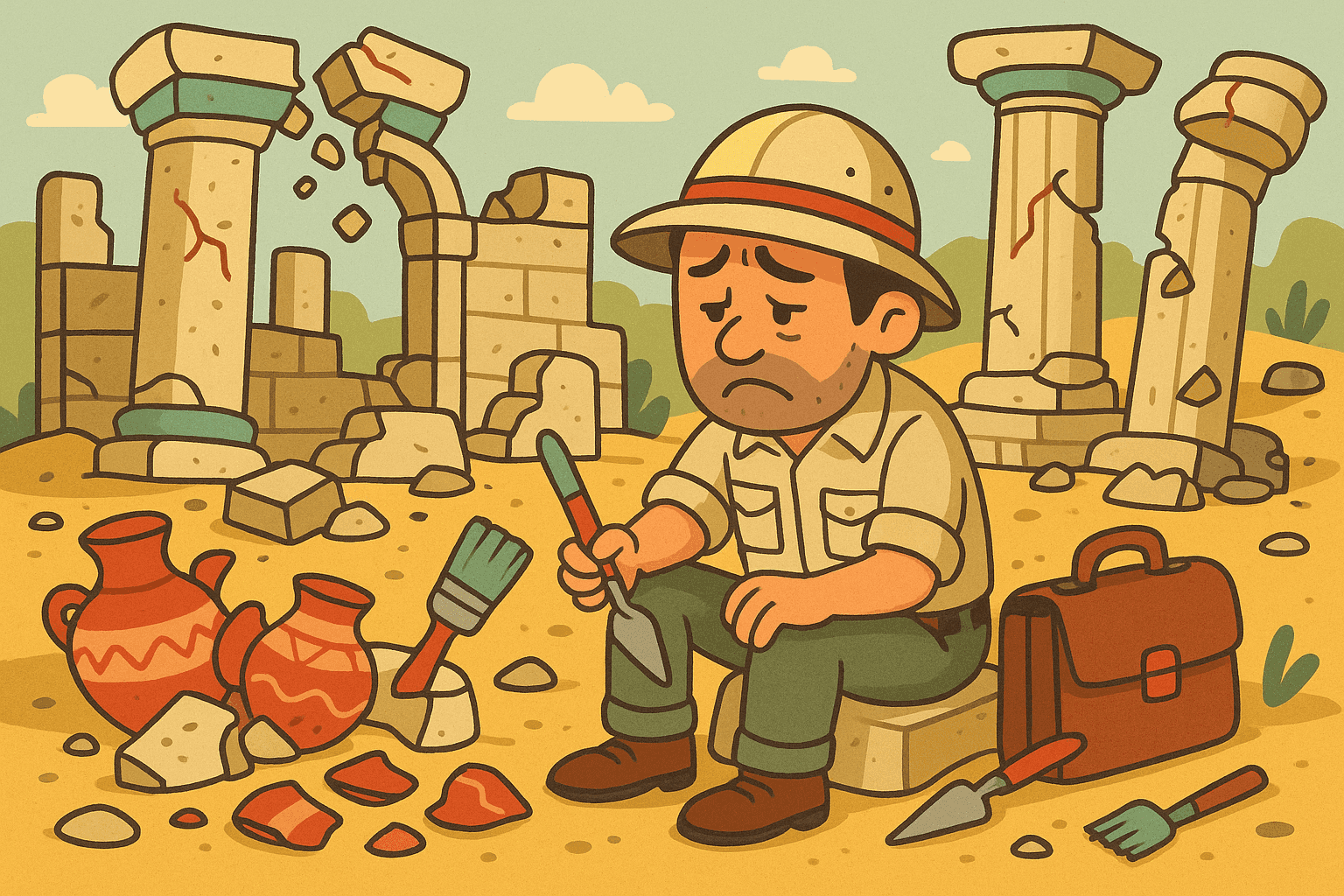 A humorous cartoon illustration of a sad archaeologist with a hat and brush sitting dejectedly among broken pottery and ancient ruins, with his career literally crumbling around him at an excavation site