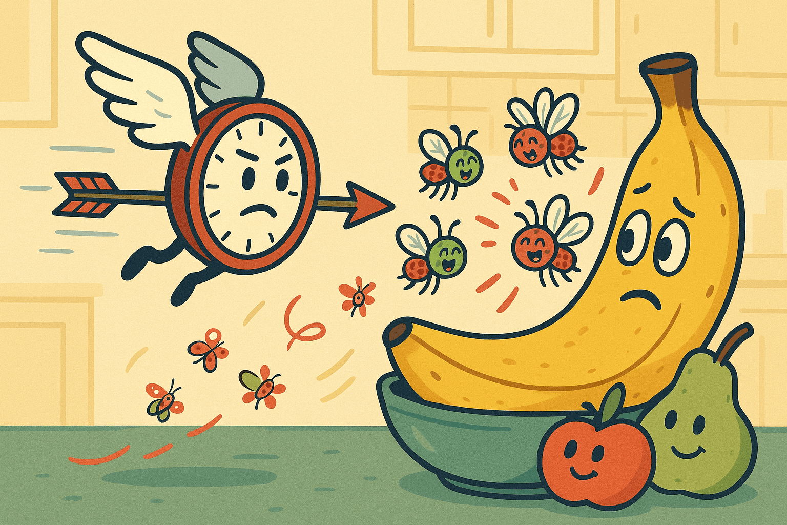 A cartoon clock with wings flying like an arrow while fruit flies buzz around a banana