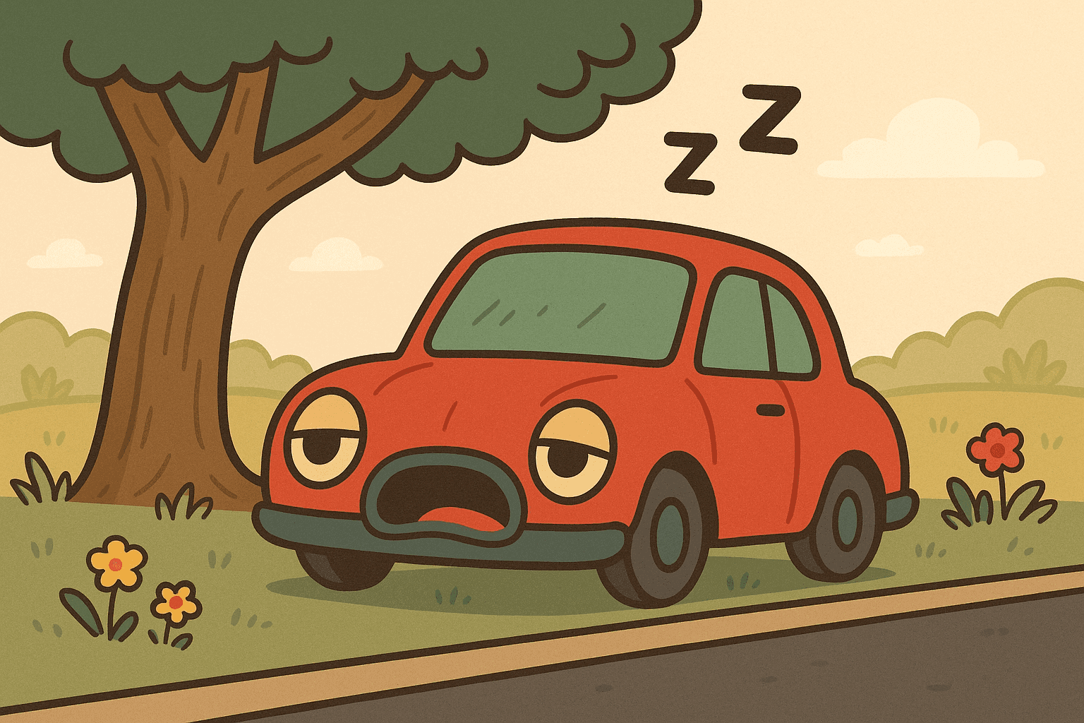 A humorous cartoon illustration of a sleepy car with droopy headlight eyes and a yawning grille, parked under a shady tree with ZZZ sleep bubbles floating above it