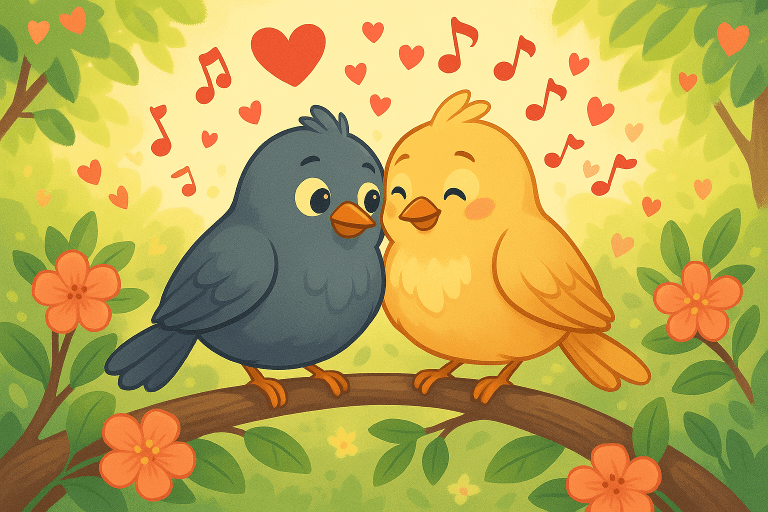 Two cartoon birds sitting close together on a tree branch with heart-shaped musical notes floating around them, surrounded by pink hearts and romantic atmosphere in a sunny garden setting