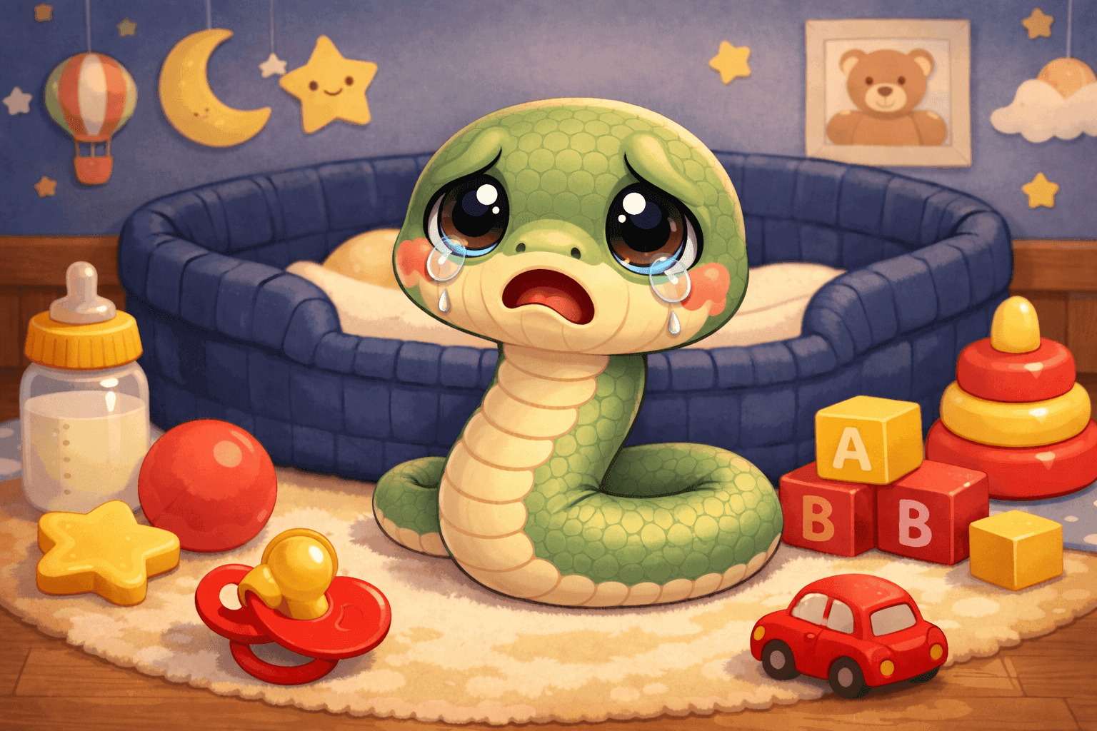 A cartoon baby snake looking sad with toys nearby