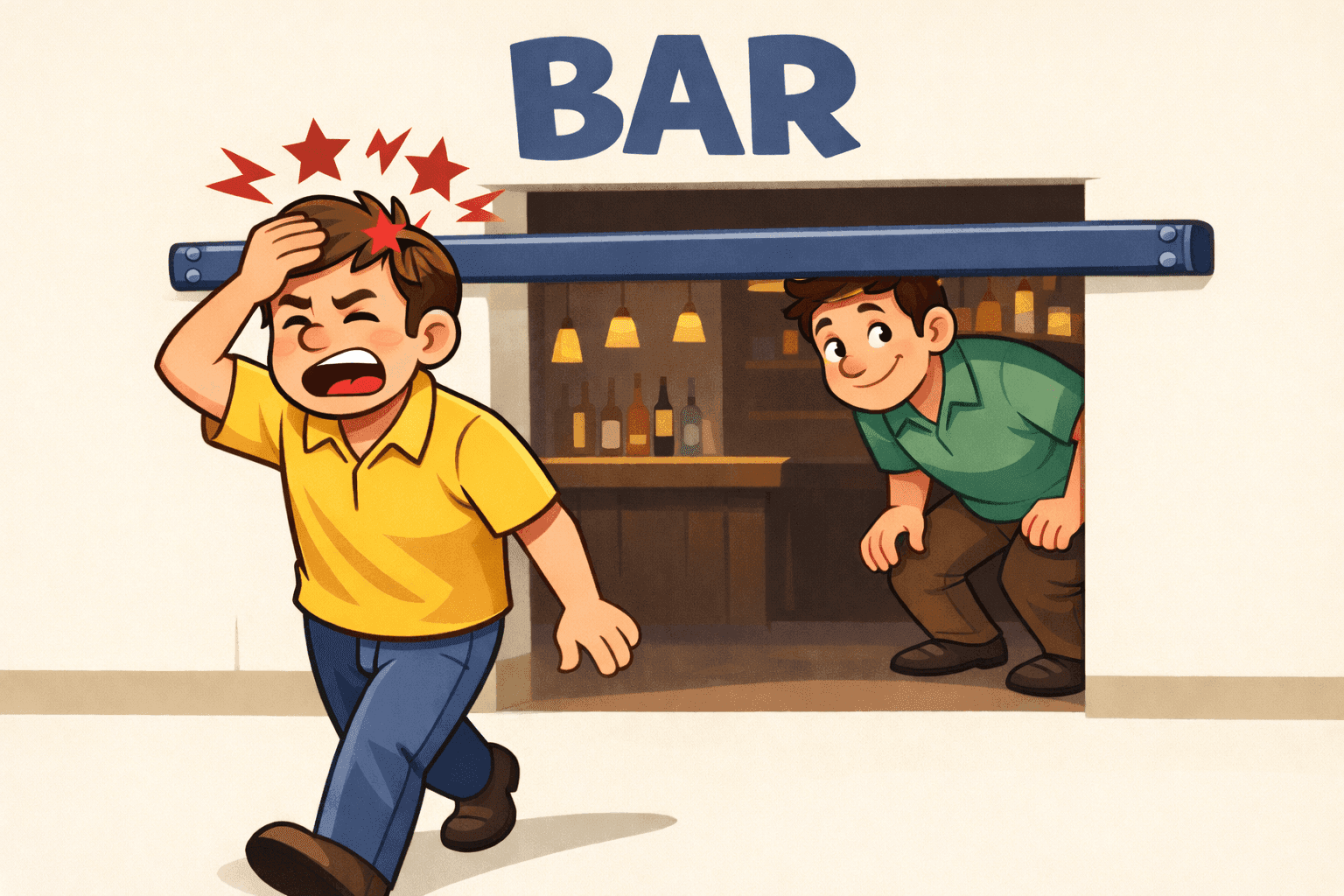 Two cartoon men at a bar entrance - one hits his head, the other ducks
