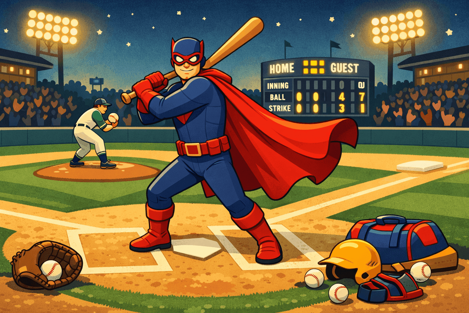 A cartoon superhero at bat on a baseball field
