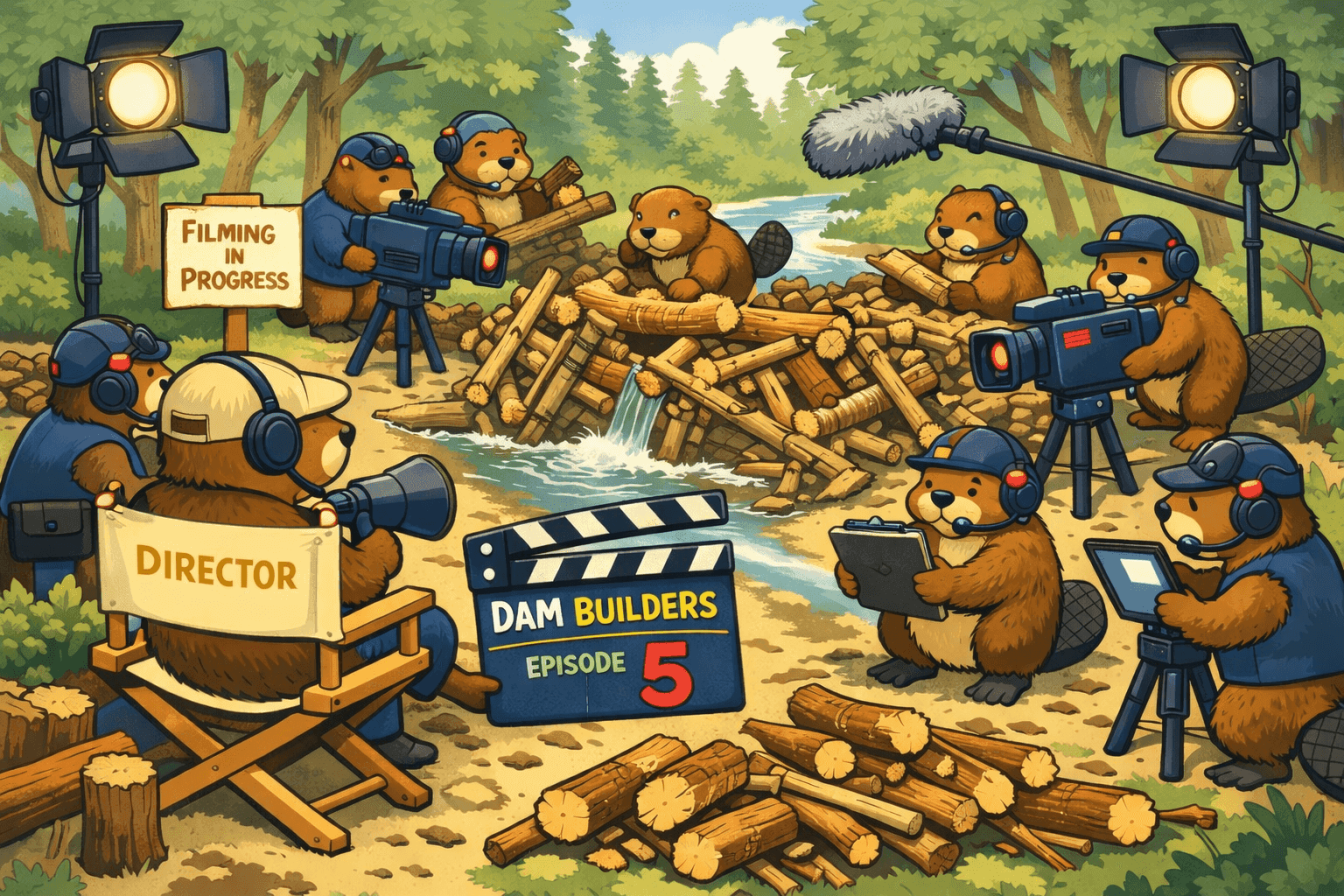 Cartoon beavers starring in a TV show building a dam with cameras filming