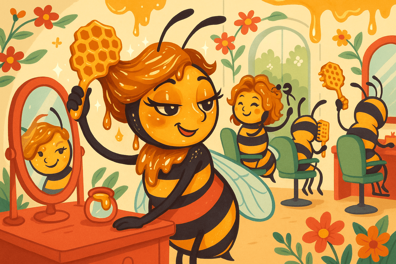 A cartoon bee with perfectly styled sticky hair looking in a mirror while using a honeycomb as a hair brush, with other bees at a beauty salon getting their hair done with honeycomb styling tools