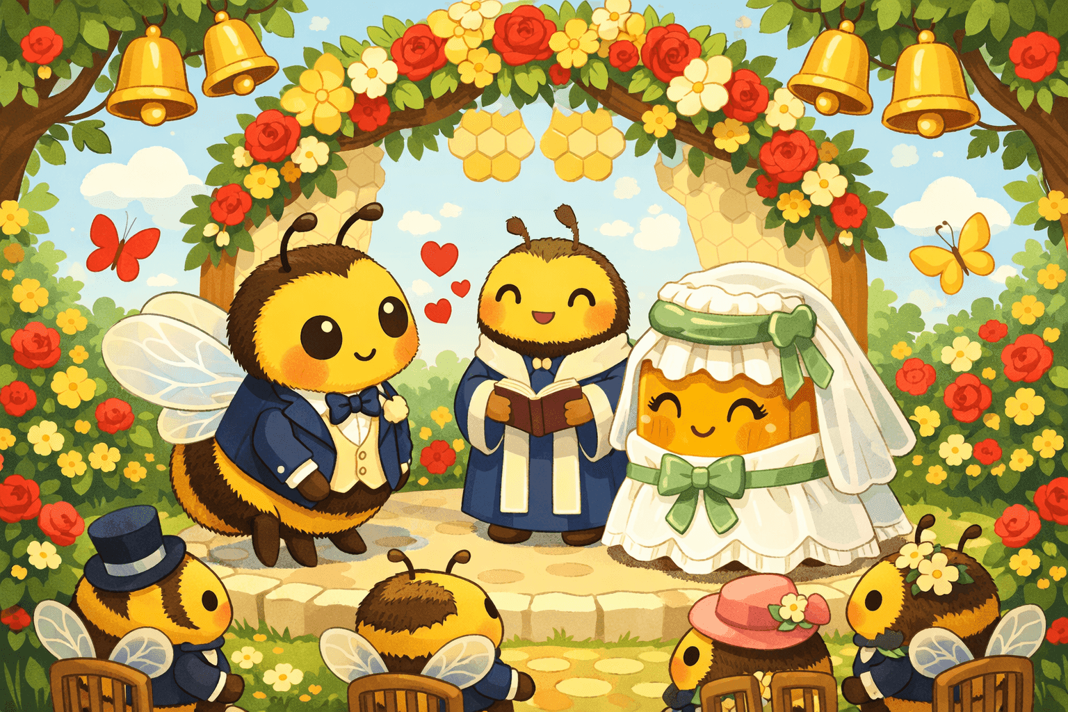 A cartoon bee in a tuxedo getting married to a jar of honey in a wedding dress