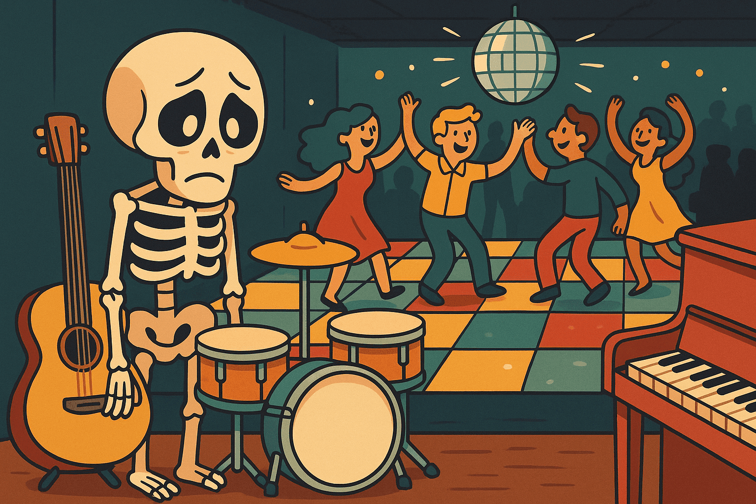A humorous cartoon illustration of a lonely skeleton standing next to musical instruments and a disco ball, looking sad while other people dance happily in the background