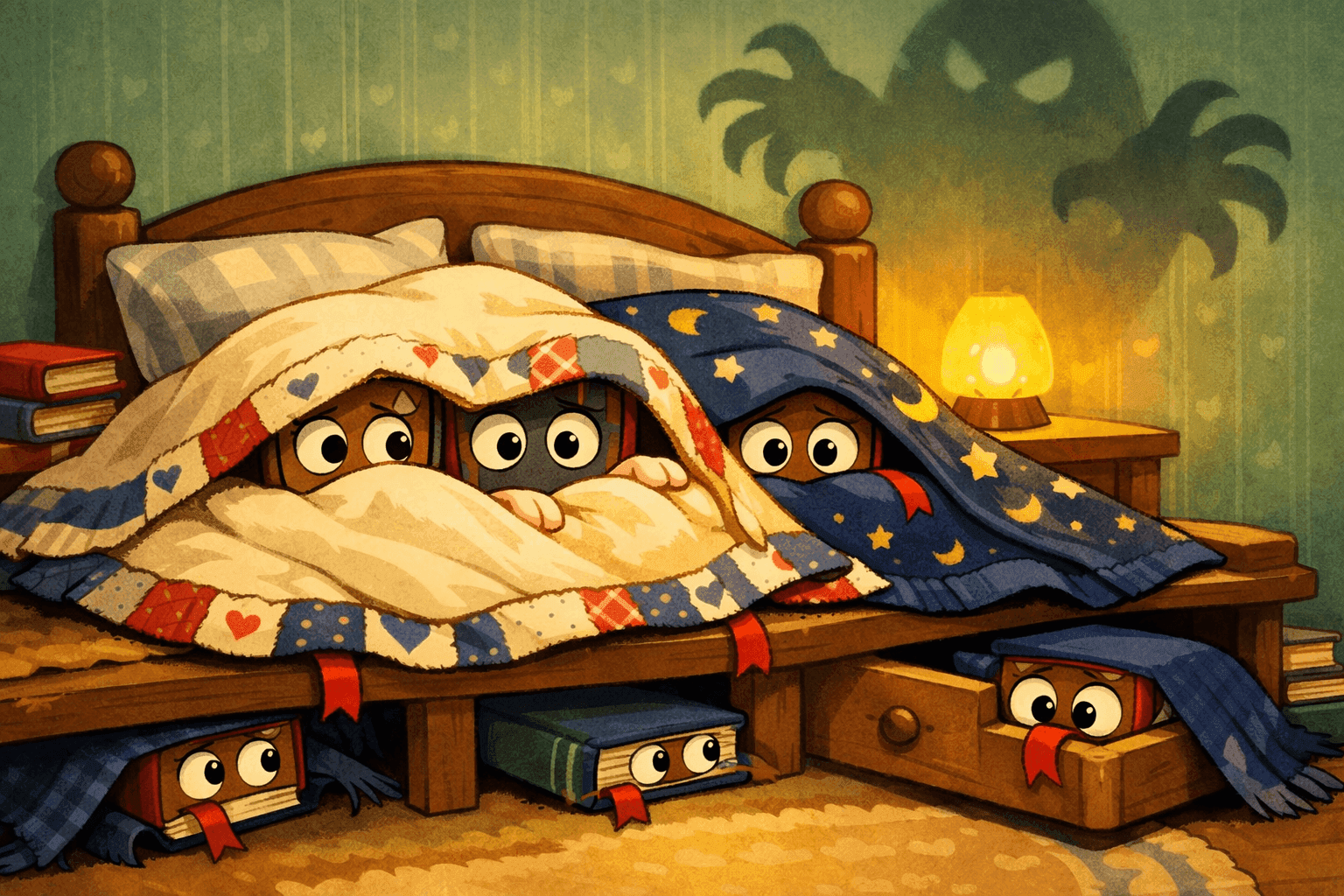 Cartoon books with scared faces hiding under blankets