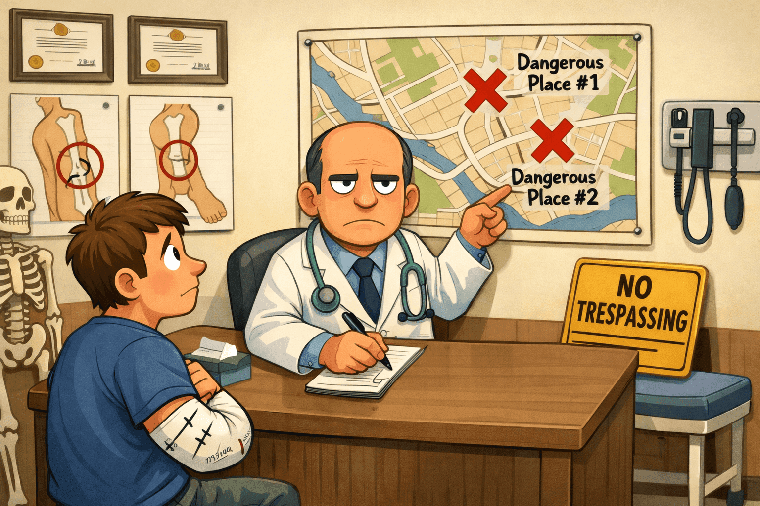 A cartoon doctor giving advice to a patient with a cast on their arm