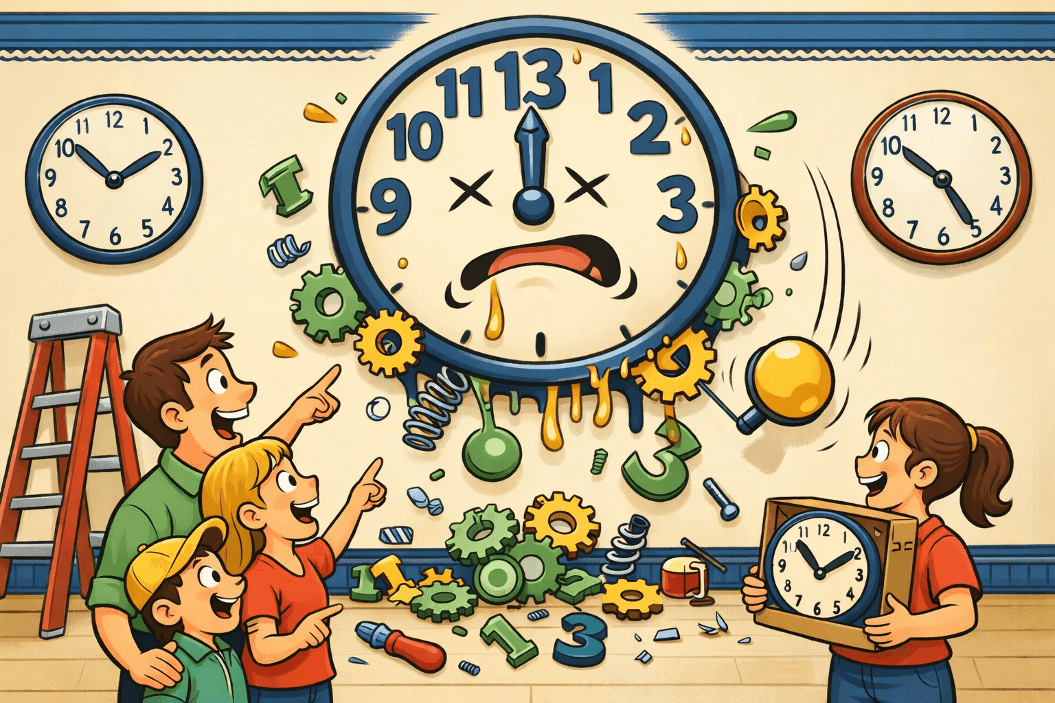 A cartoon broken clock showing 13 o'clock with gears falling out