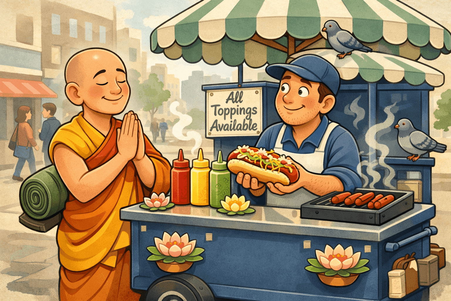 A cartoon Buddhist monk ordering at a hot dog cart achieving zen