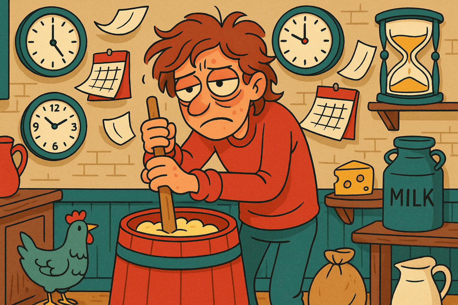 A humorous cartoon illustration of an exhausted person endlessly churning butter in an old-fashioned butter churn, with clocks and calendars showing an impossibly long passage of time around them