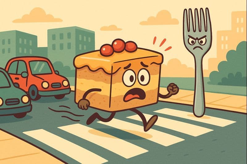 A cartoon cake nervously crossing a street while seeing a fork ahead