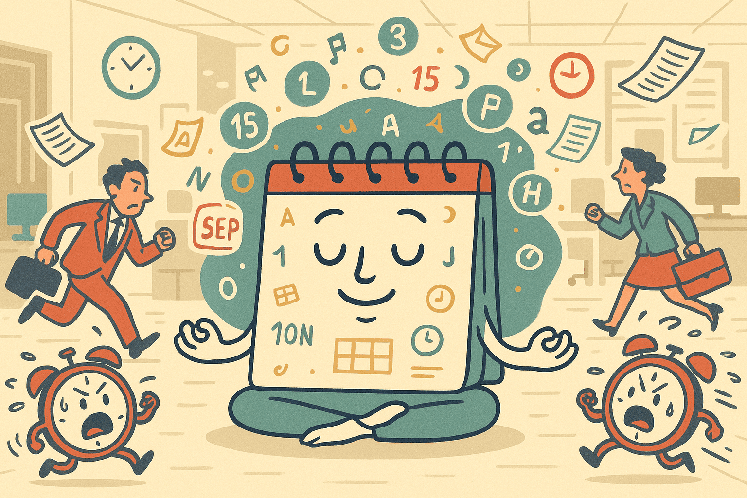 A cartoon calendar with a relaxed, peaceful expression sitting calmly while surrounded by rushing clocks, stressed people, and busy schedules, with time symbols and dates floating serenely around it