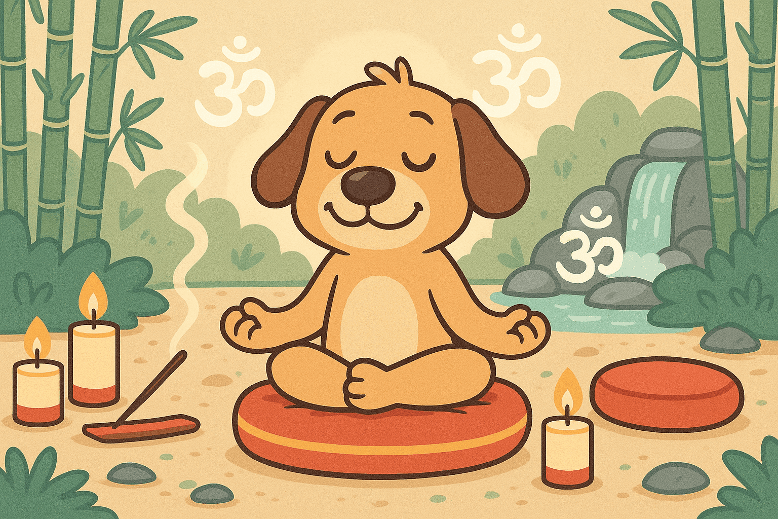 A humorous cartoon illustration of a peaceful dog sitting in a meditation pose with closed eyes and a serene expression, surrounded by candles, meditation cushions, and floating zen symbols in a tranquil garden setting