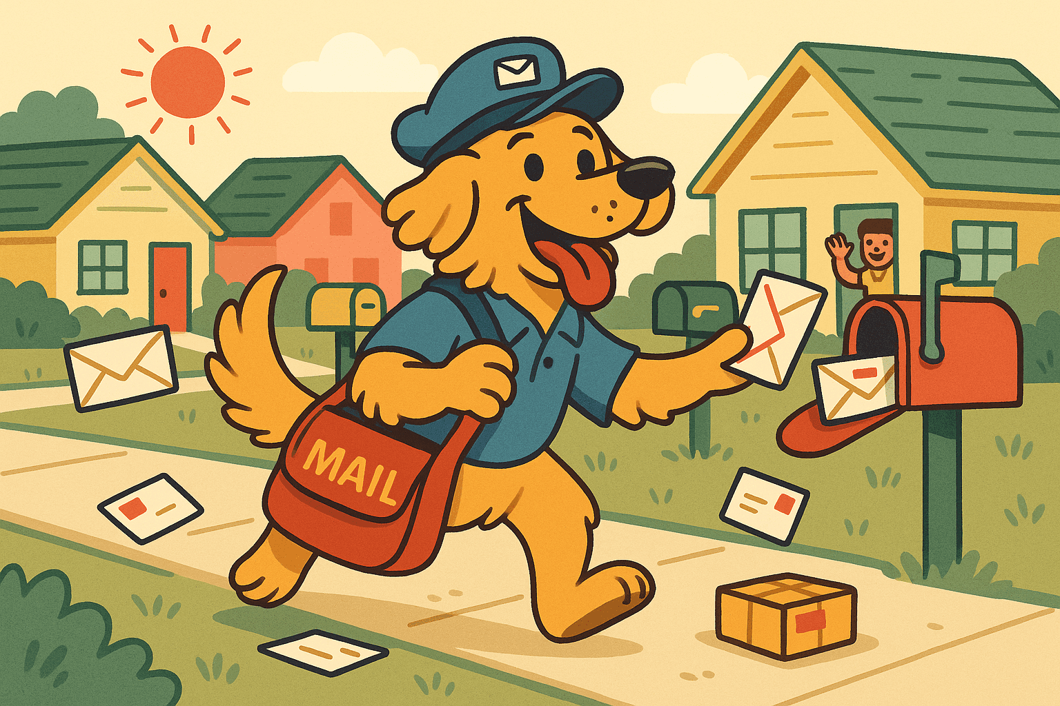 A humorous cartoon illustration of a golden retriever dog wearing a postal uniform and cap, carrying a mail bag and delivering letters to mailboxes in a suburban neighborhood