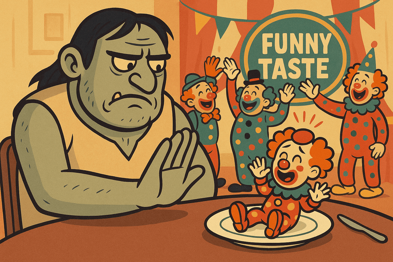 A cartoon cannibal with a disgusted expression pushing away a plate with a tiny clown on it, while the clown looks relieved and other clowns in the background celebrate their safety due to their funny taste
