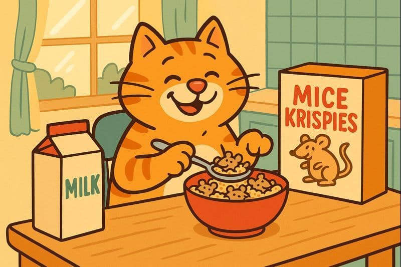 A cartoon cat eating cereal with mice shapes in a bowl at a breakfast table
