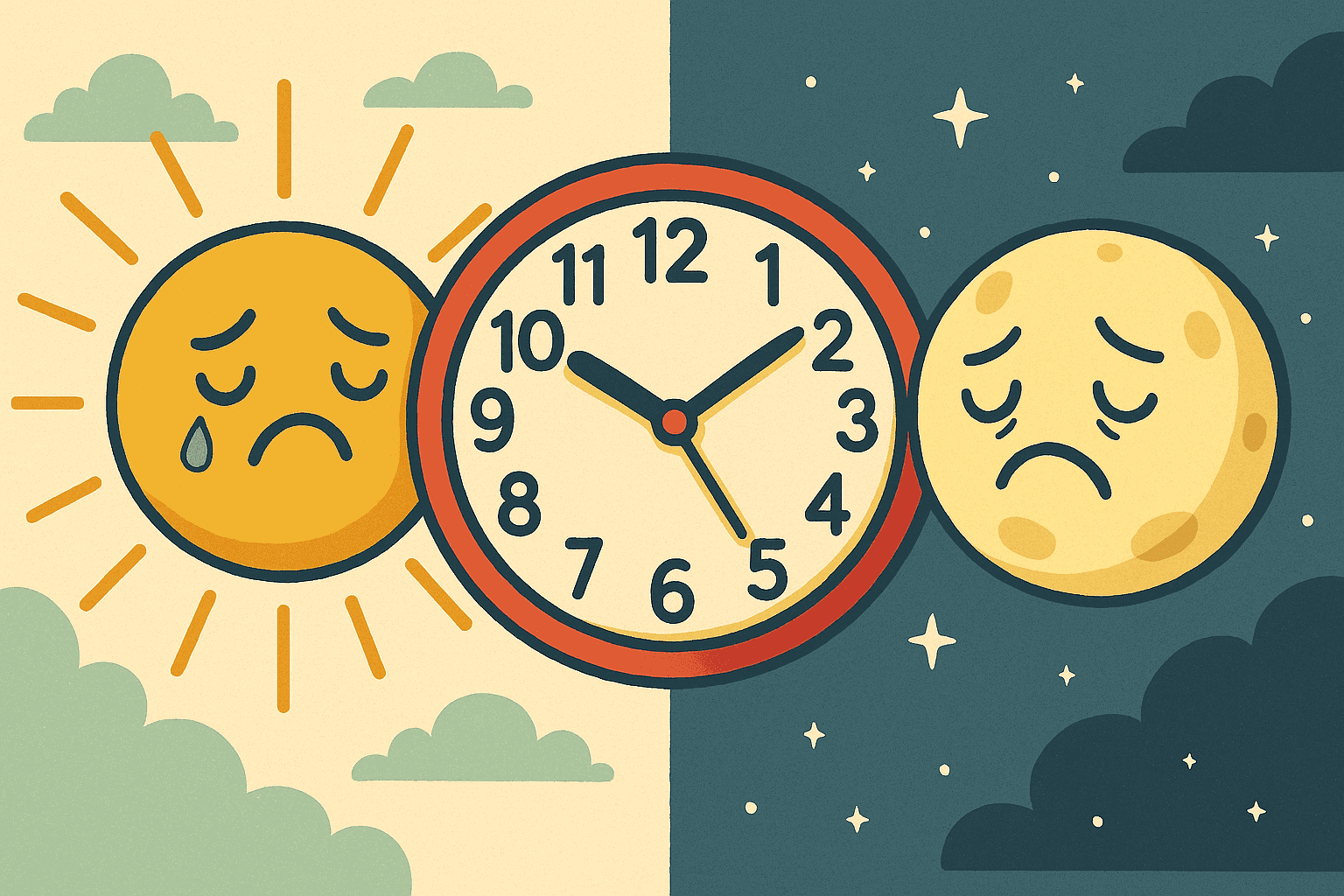 A humorous cartoon illustration of a bright, cheerful sun with a face on one side of the sky looking sad, while a melancholy moon with a face appears on the opposite side, with a clock showing different times between them