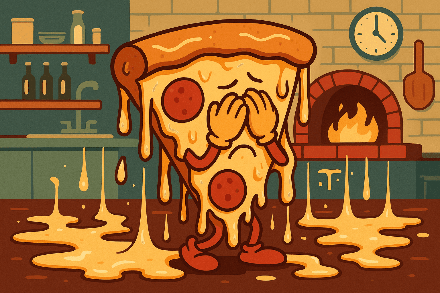 A humorous cartoon illustration of a pizza slice with arms, legs, and an embarrassed expression covering its face with its hands, surrounded by excessive amounts of melted cheese dripping everywhere