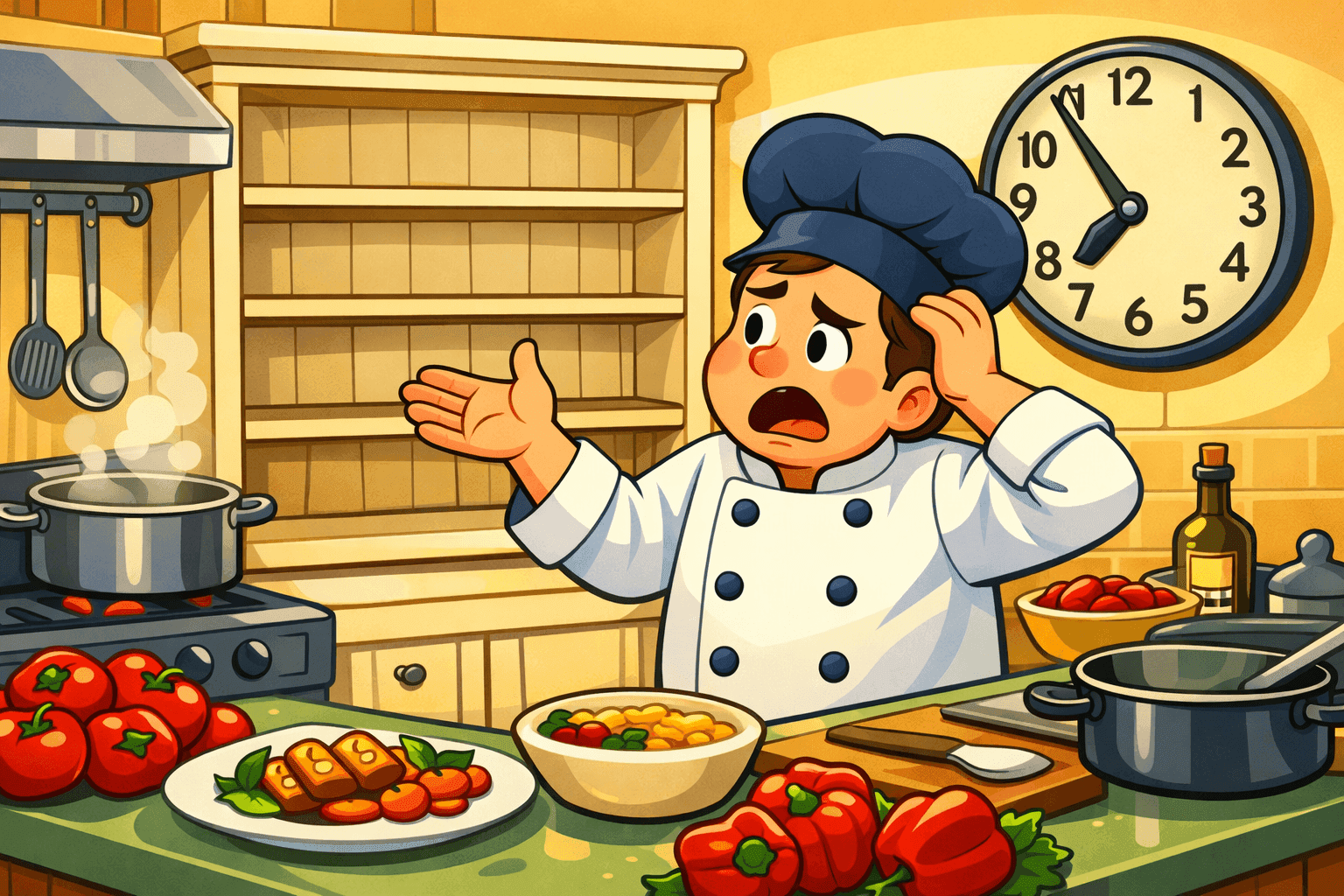 A cartoon chef looking frustrated at an empty spice rack