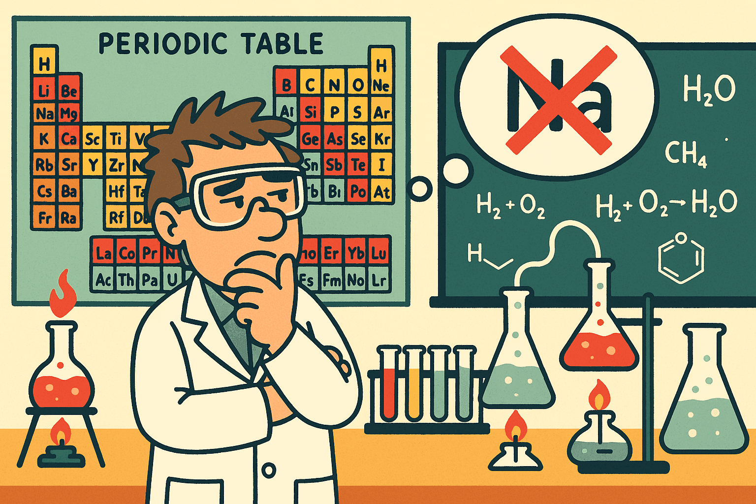 A humorous cartoon illustration of a scientist in a lab coat looking thoughtful while standing next to a periodic table, with a speech bubble showing 'Na' crossed out, surrounded by chemistry equipment and beakers
