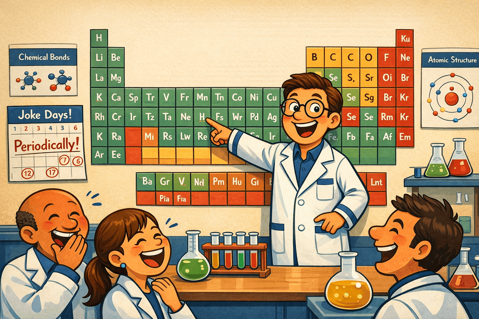 A cartoon chemist standing next to a periodic table telling jokes