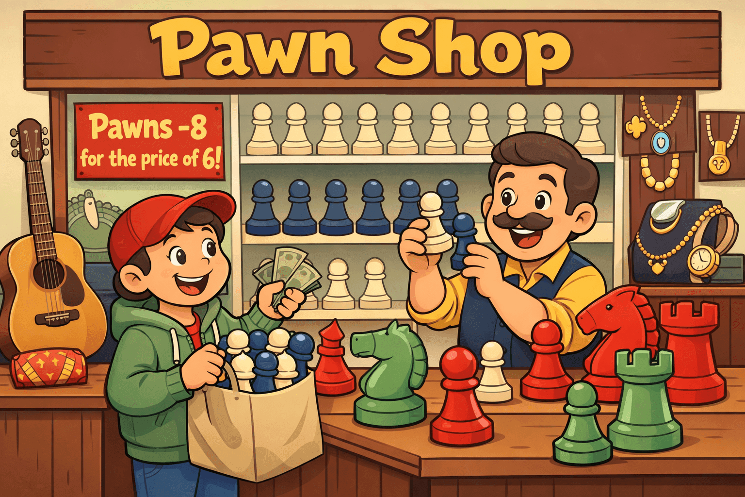 A cartoon person buying chess pawns at a pawn shop counter