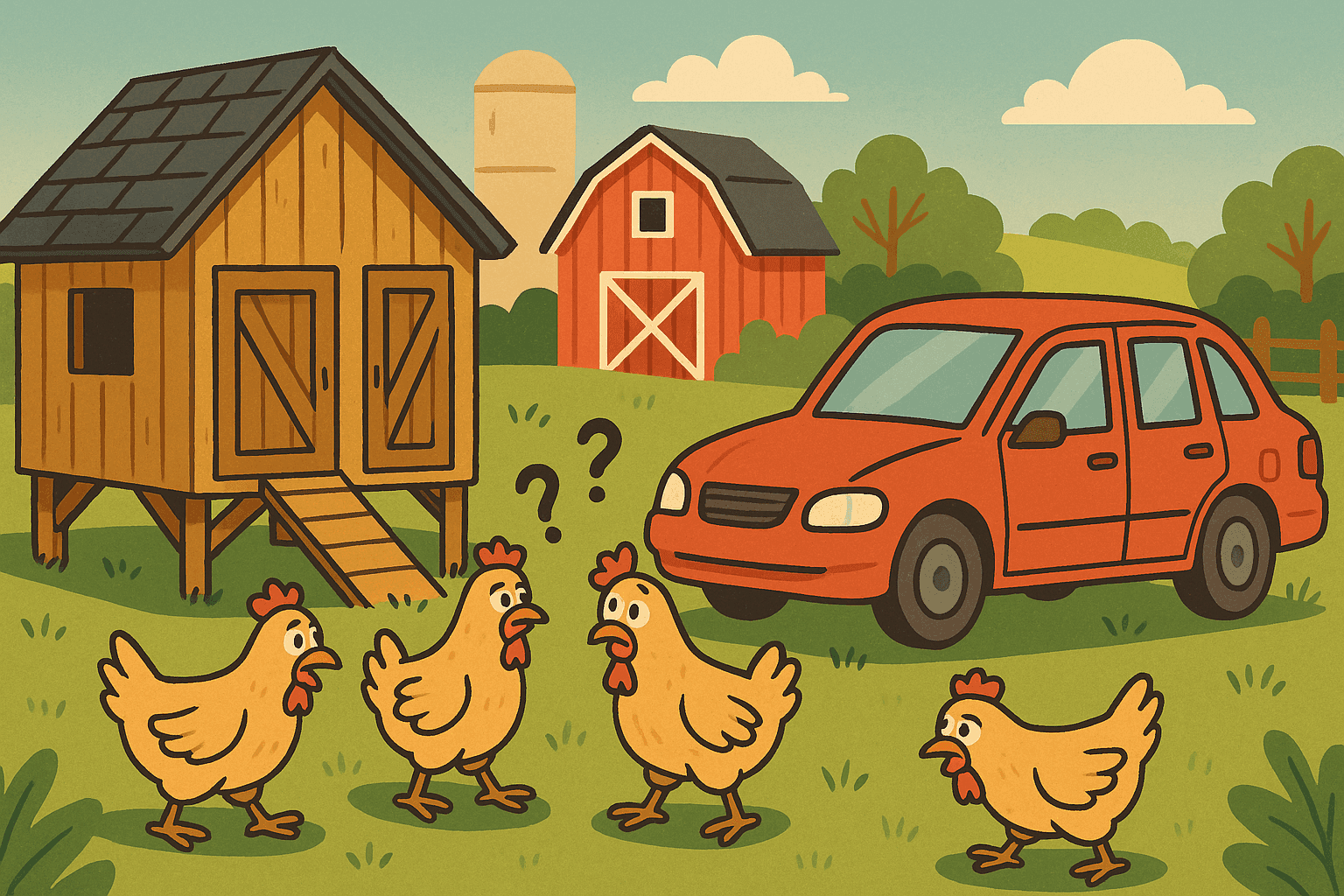 A cartoon chicken coop with exactly two doors next to a car-shaped chicken coop with four doors, while confused chickens look back and forth between the two structures in a farmyard setting
