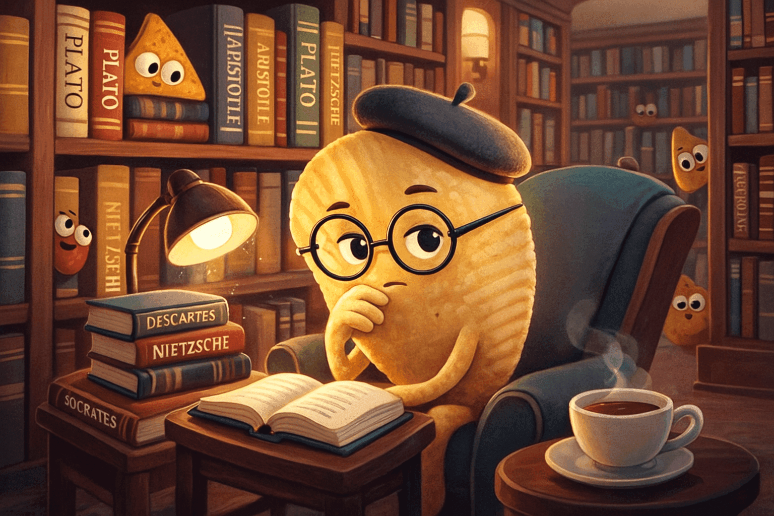 Cartoon illustration of a thoughtful potato chip wearing glasses and a beret, sitting in a library surrounded by philosophy books, looking contemplative